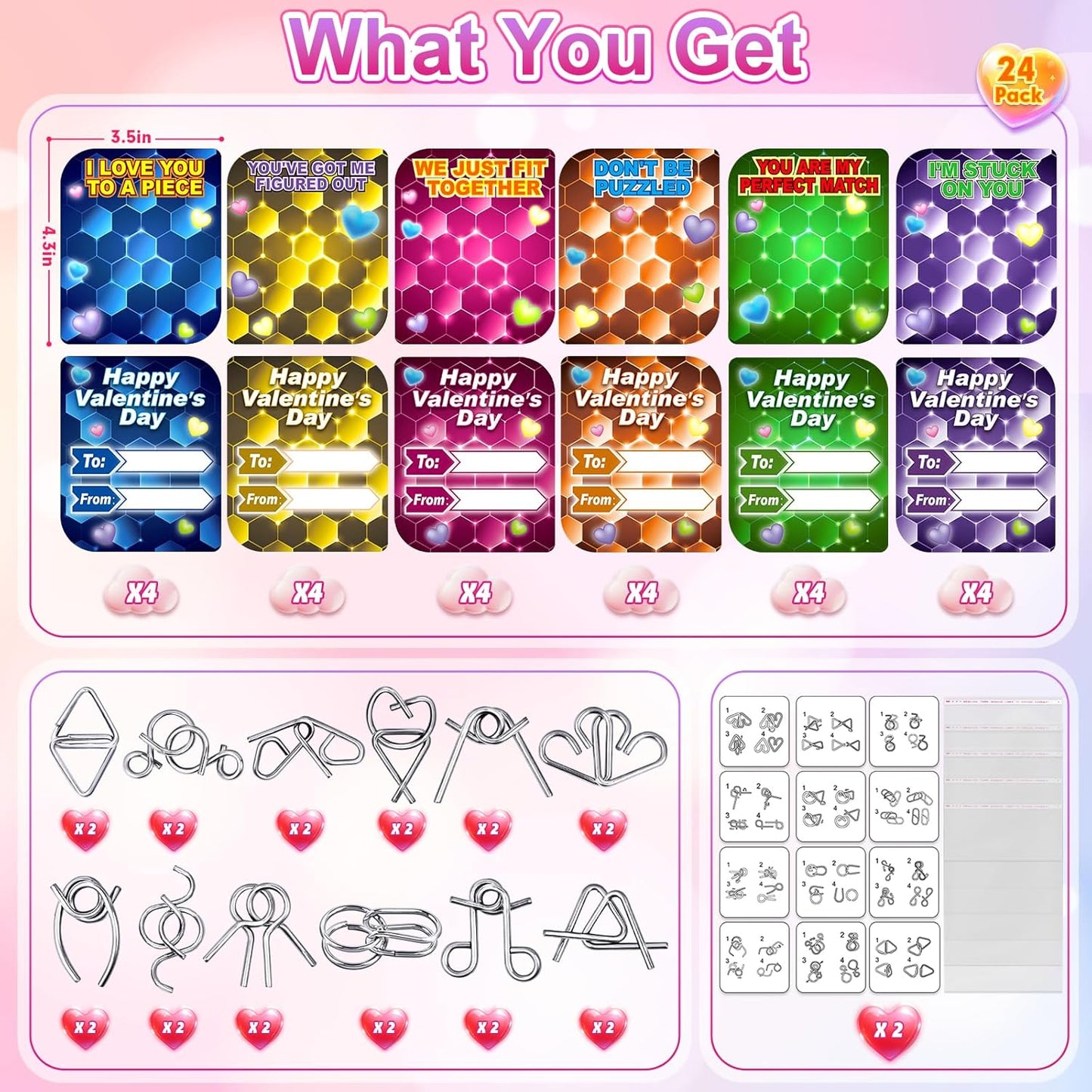 AuroTops 24 Pack Valentine Cards for Kids with Metal Brain Teaser Puzzles,Kids Valentines Day Gifts for School,Valentines Day Party Favors,Classroom Exchange Gift,Fidget Toys Bulk,Classroom Prizes