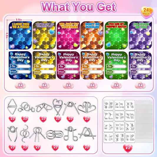 AuroTops 24 Pack Valentine Cards for Kids with Metal Brain Teaser Puzzles,Kids Valentines Day Gifts for School,Valentines Day Party Favors,Classroom Exchange Gift,Fidget Toys Bulk,Classroom Prizes