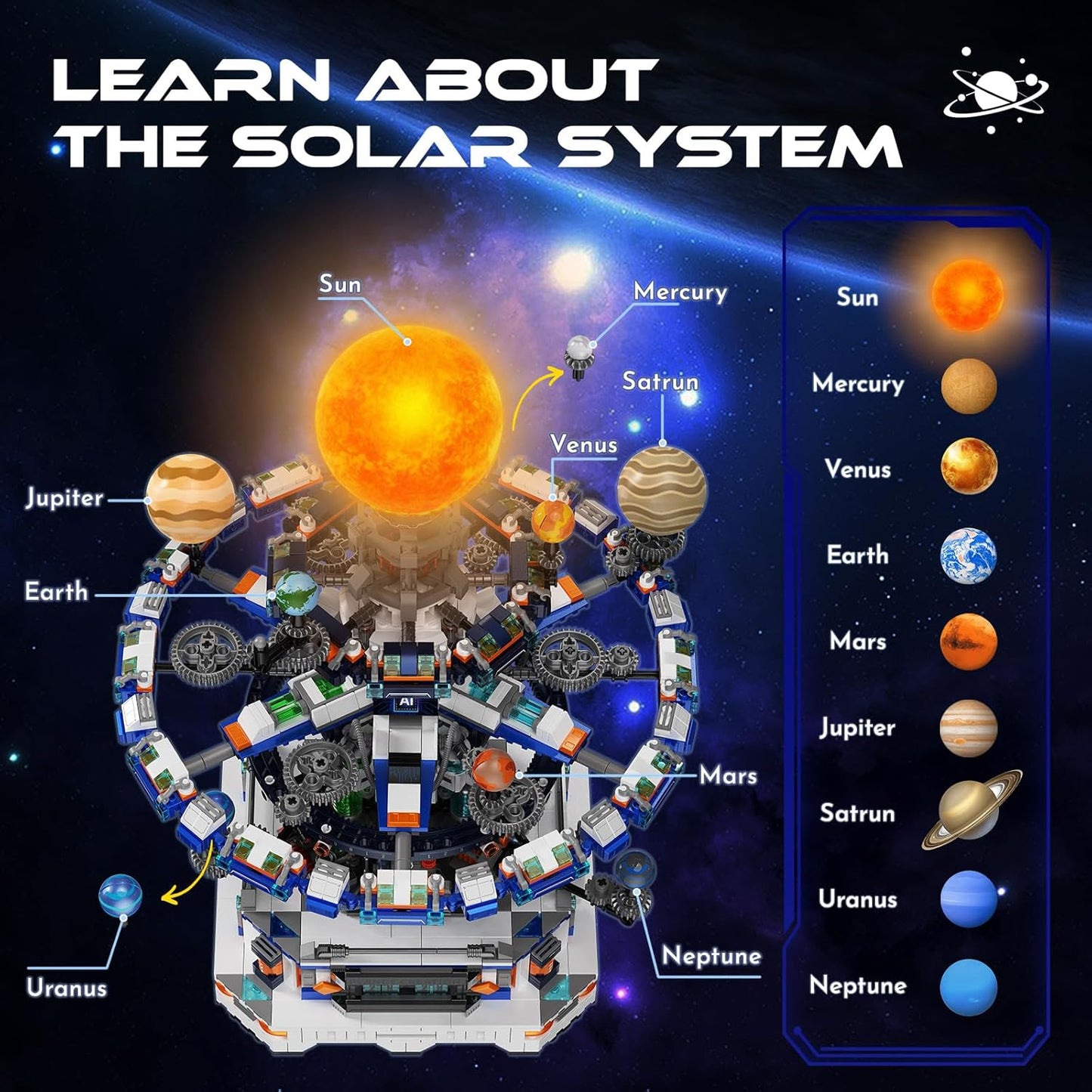 Rotating Solar System Building Set with LED Lights, 2900 PCS Collector's STEM Model Kit, 8 Orbiting Planets & Glowing Sun – Educational Gift for Adults, Kids 8+, Astronomy Enthusiasts