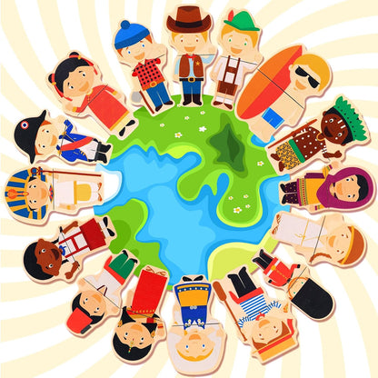 2 Set Wooden World Countries Puzzles for Toddlers 16 Mix and Match Racial Cognition Characters Diversity Educational Toys Multicultural Dress-Up Peg Puzzle Learning Toy for Boys and Girls