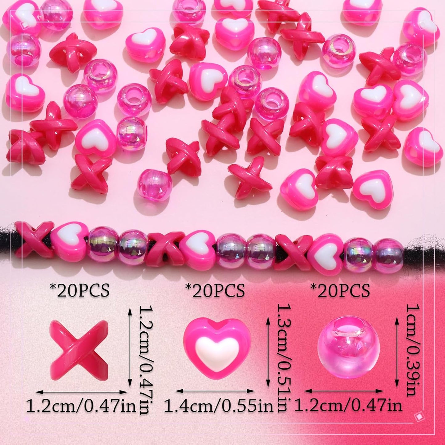 60PCS Pink White Hair Beads for Braids Three Styles Cute Loc Beads Heart Shape Bead for Kids Dreadlock AB Color Round Pony Bead Accessories