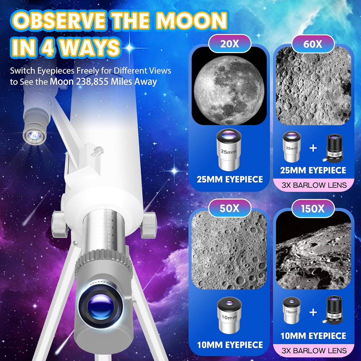 Hawkko Telescope for Adults & Kids Beginners, 80mm Aperture 500mm Telescopes for Adults Astronomy, (20X-150X) Portable Refractor Telescope Kit with Decorate Stickers, Backpack, Phone Adapter-BlackBlue