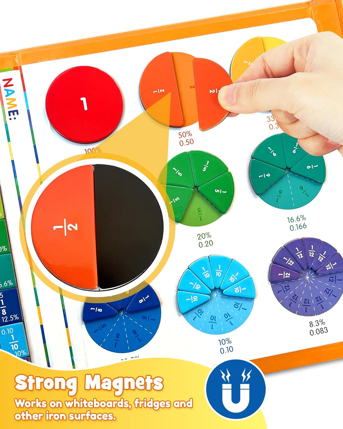 Large Magnetic Fraction Demonstration Book, Magnetic Fraction Educational Puzzle with Tiles & Circles, Montessori Fraction Manipulatives for Elementary School, Maths Learning Toys for Kids