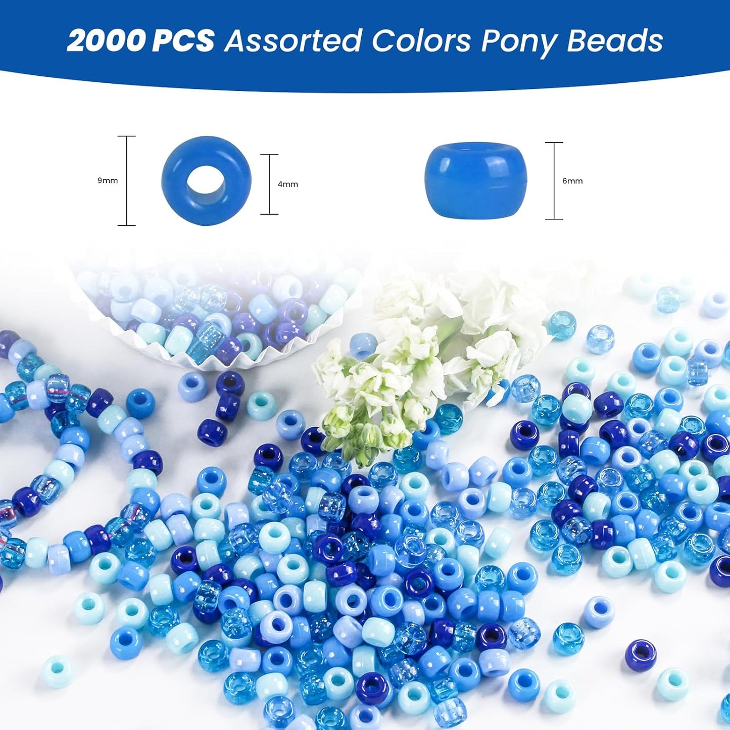 2000 Pcs Multi-Colored Glitter Pony Beads, 6x9mm, Round, Acrylic, Loose Beads, Perfect for Bracelets, Jewelry Making, Crafts