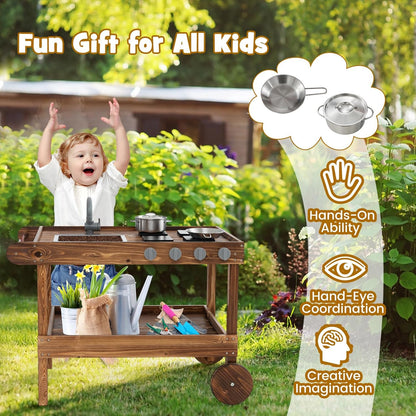 KOTEK Mud Kitchen with Canopy, Outdoor Play Kitchen with Removable Sink, Chalkboard, 4 Stoves, Cooking Accessories & Storage Cabinet, Wooden Toy Kitchen Playset for Kids Age 3+