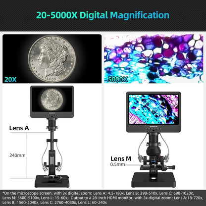 Andonstar AD266S 20X-5000X HDMI Digital Microscope, 5 Lens 2160P UHD Video Record, 7'' LCD Microscope for Adults Kids, Home Lab Biological Kit with Slides, Coin Full View