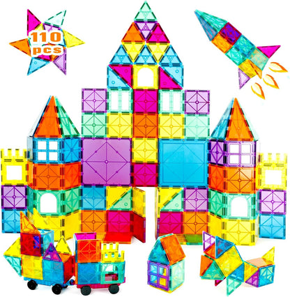 Magnetic Tiles, 96PCS Magnetic Block Toddler Toys with 2 Cars, 3D Clear Magnet Building Tiles Set, STEM Educational Toys for Kids 3-9 Years