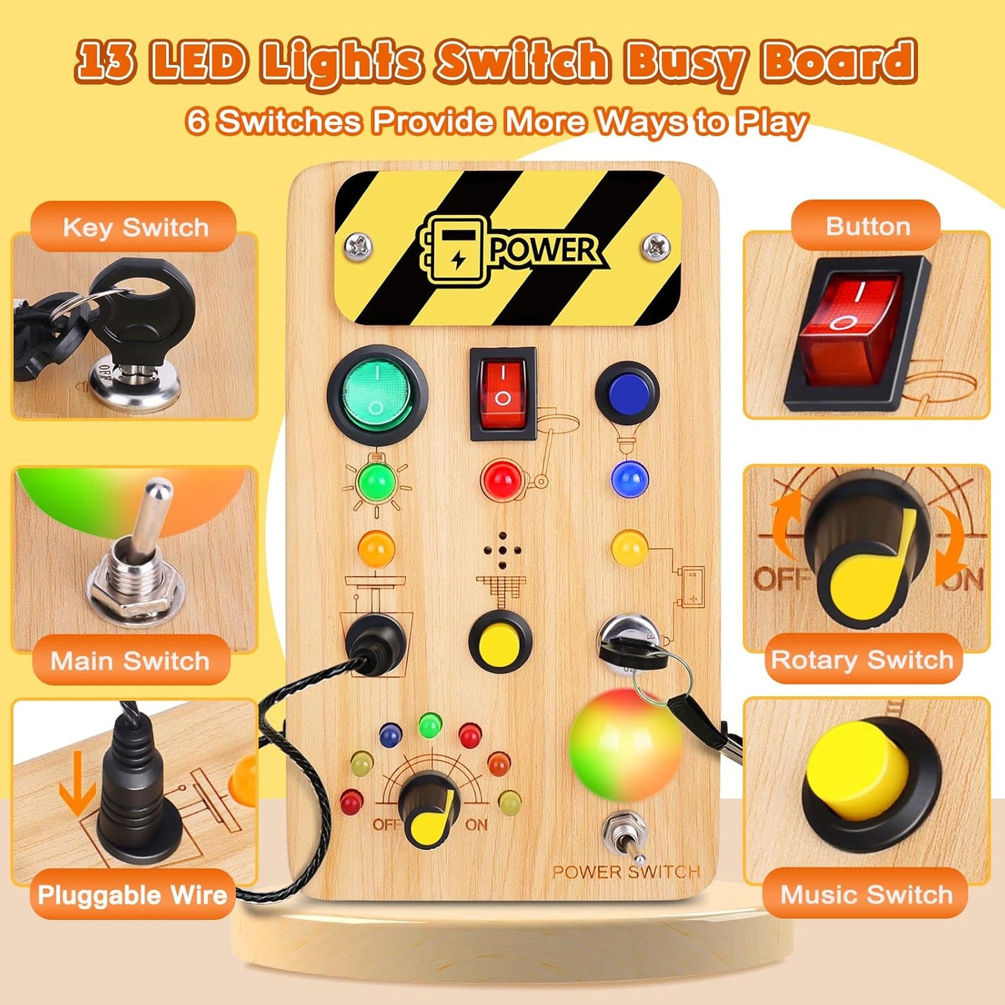 TINTECUSA Busy Board Montessori Toys for Toddler, Wooden Sensory Board Switch Toy with Shape Sorter LED Light Up Toys Educational Plane Travel Activity for Girls & Boys