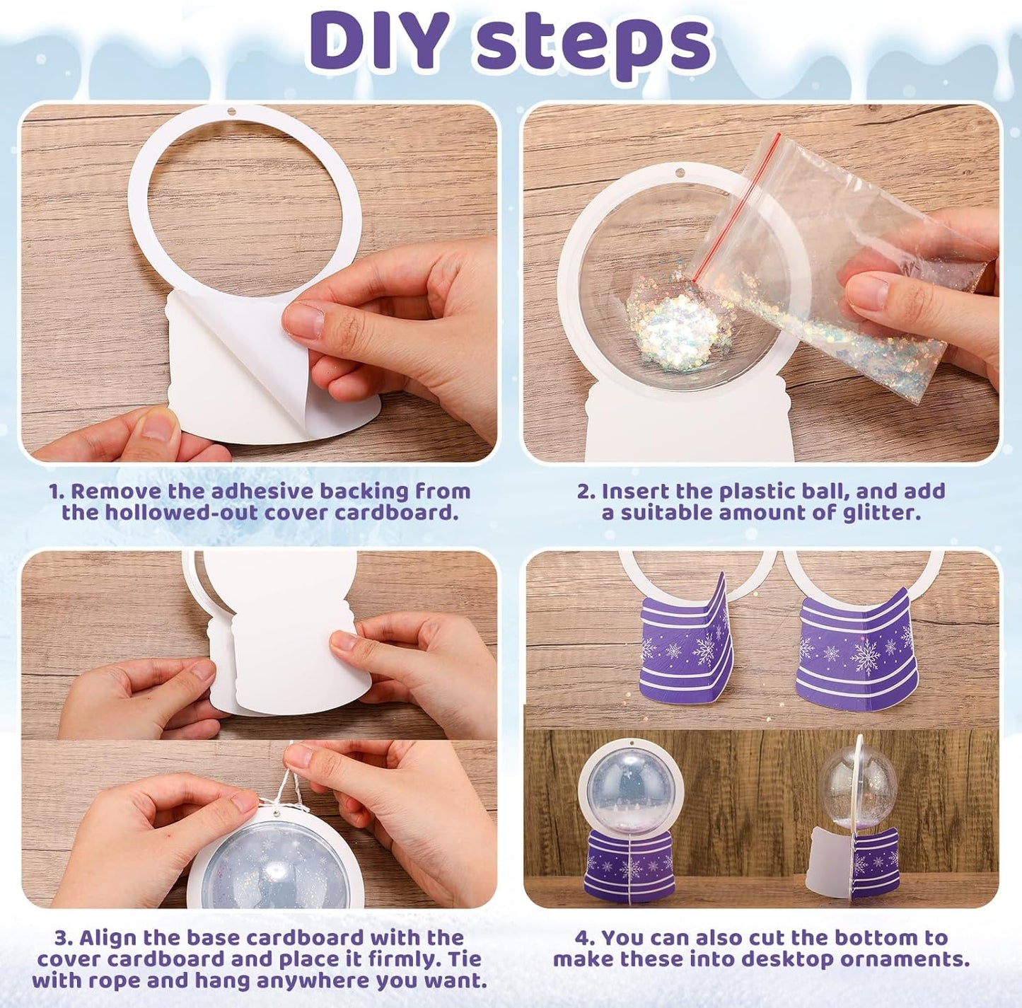 Threehoney 24 Pack Winter DIY Snow Globe Craft Kit for Kids Christmas 3D Shaking Snow Globe Hanging Ornament for Xmas Tree with Glitter Sequins Papers 3D Half Balls and Cards(Blue+Purple)