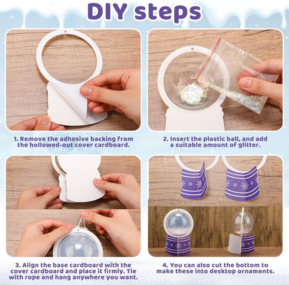 Threehoney 24 Pack Winter DIY Snow Globe Craft Kit for Kids Christmas 3D Shaking Snow Globe Hanging Ornament for Xmas Tree with Glitter Sequins Papers 3D Half Balls and Cards(Blue+Purple)