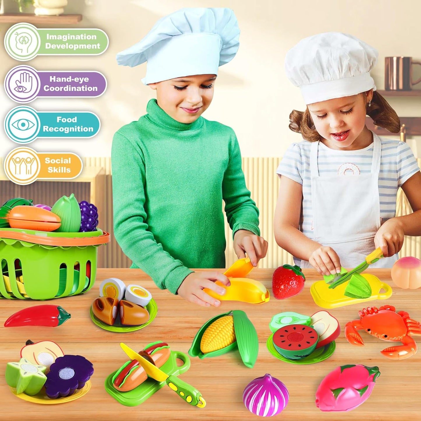100 Pcs Play Food Set for Kids Kitchen, Pretend Food Toy for Toddlers Age 1-3, Plastics Cutting Fake Food/ Fruit/ Vegetable Accessories with 2 Baskets, Birthday Gifts for 2 3 4 5 Years Old Boys Girls