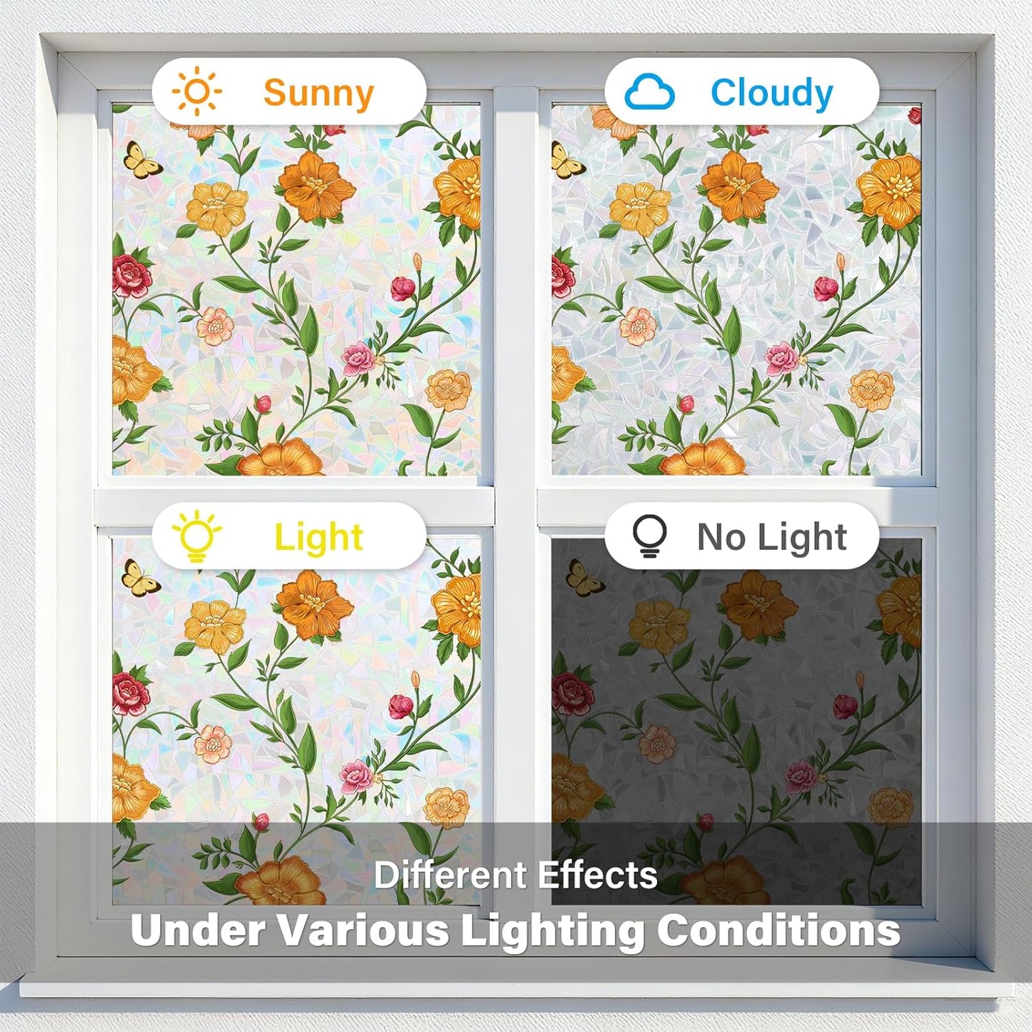 Donox Window Privacy Film Static Cling, Decorative Stained Glass Style Tint, Lotus Pattern with Rainbow Effect for Home and Office, UV Blocking No Glue Removable, 17.5 x 157.4 inches