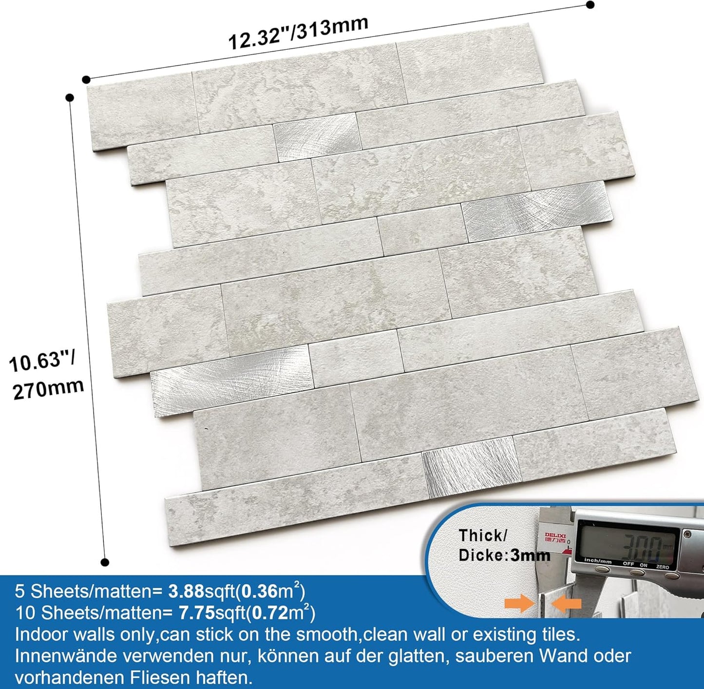 MOFIT Backsplash Tile for Kitchen Peel and Stick Stone Matte Finish,Bathroom Tiles Stickers 3D Wall Panel Linear Mosaic Marble Backsplash Waterproof(5sheets,Blue Green Gray)