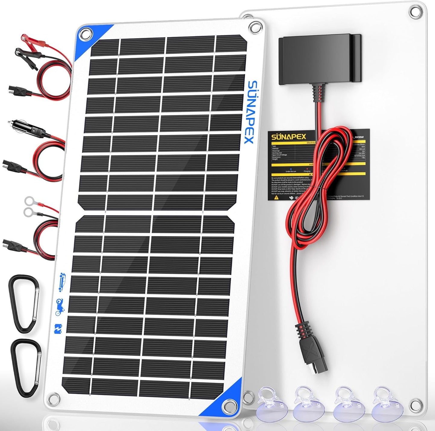 SUNAPEX 12V 10 Watt Solar Trickle Charger Maintainer - Waterproof Solar Powered Battery Charger - Solar Panel Kit Built-in Smart Charge Controller for Car Rv Trailer Truck Boat Automotive Marine