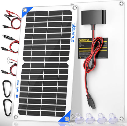 SUNAPEX 12V 10 Watt Solar Trickle Charger Maintainer - Waterproof Solar Powered Battery Charger - Solar Panel Kit Built-in Smart Charge Controller for Car Rv Trailer Truck Boat Automotive Marine