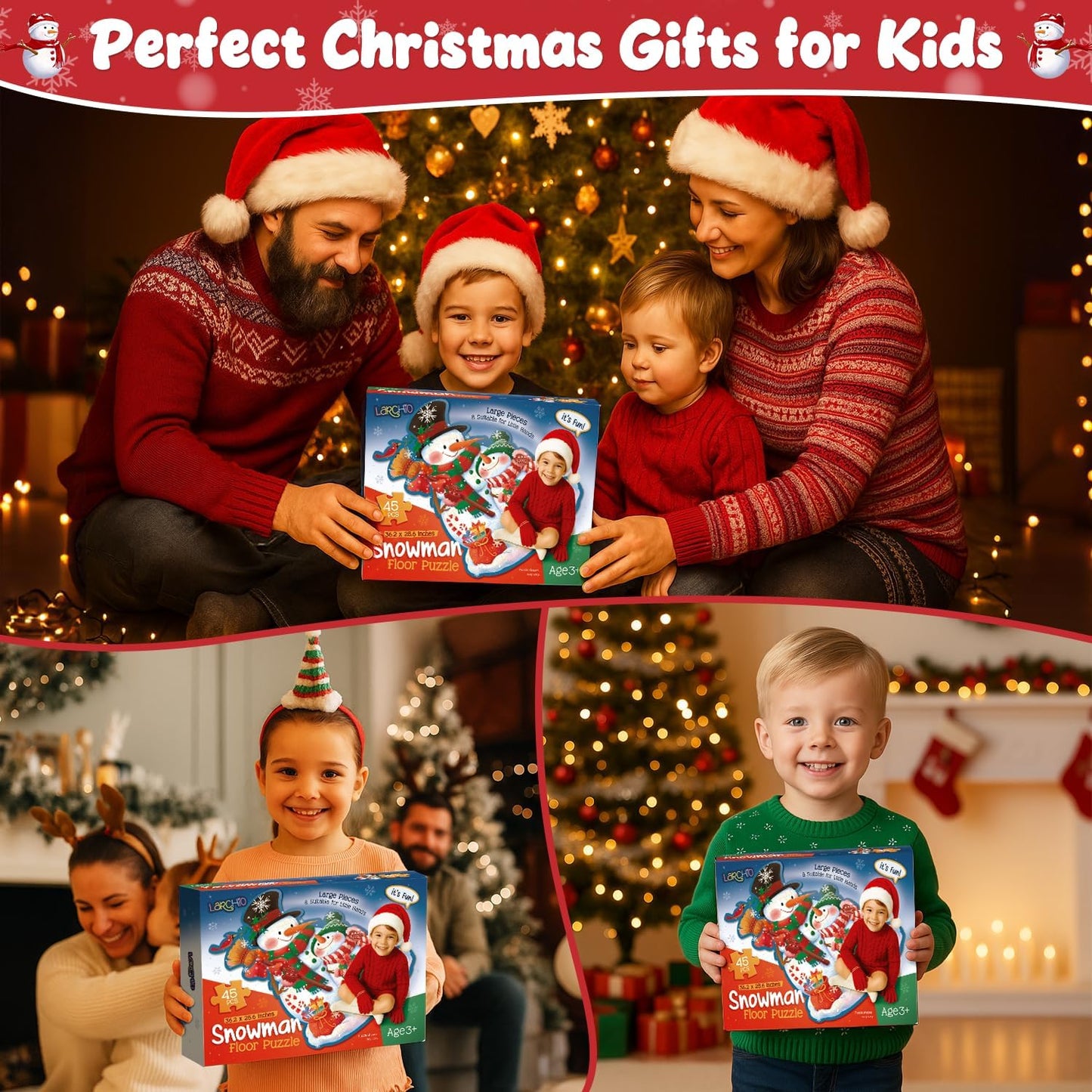 Snowman Floor Puzzle for Kids Age 4-8, 45PCS Jumbo Christmas Jigsaw Puzzle, Large 25.6" x 36.2" Winter Puzzle with Poster, for Kid Boy Girls