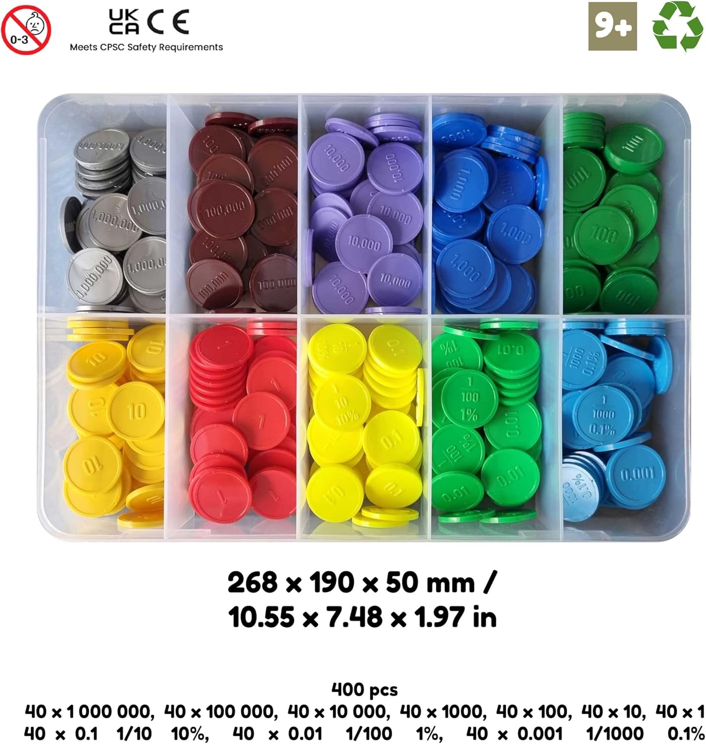 Place Value Disks, Set of 120 Hundreds Tens and Ones, 100 10 1, Recycled Plastic Math Counters - plavalmat®