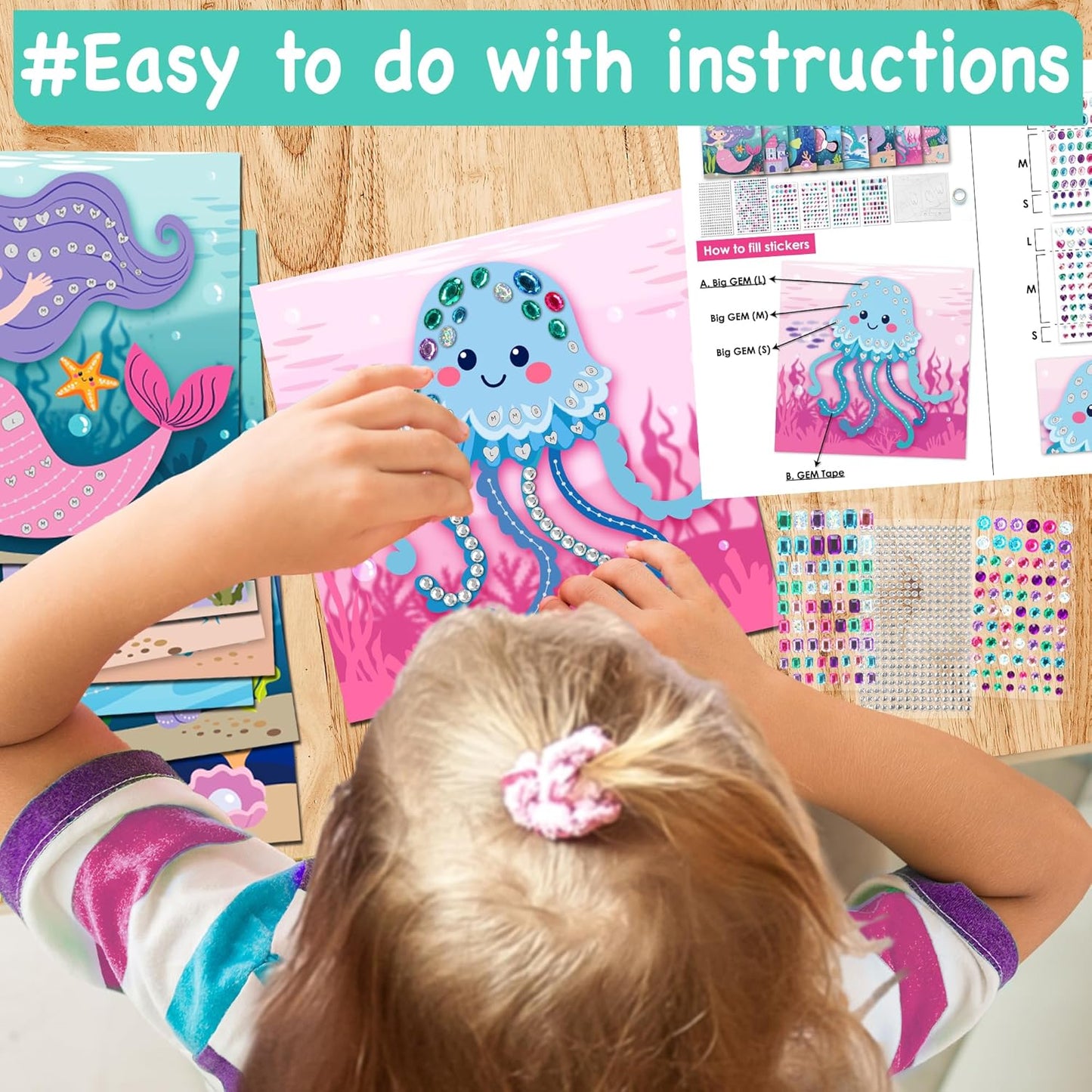 EZCRA Easy Arts and Crafts for Kids - Fun Gem Sticker Kit - 8 Unicorn Princess Themes, 990+ Stickers - Gem Art for Kids - Diamond Art Kits - Gifts for Girls Ages 3-8