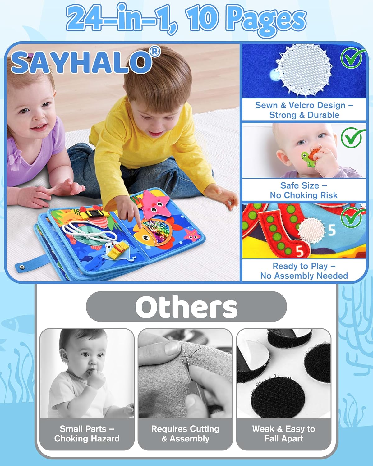 Ocean Busy Book for Toddlers 1-3, Montessori Quiet Book with Sea Animals, Fine Motor Skills Activities, Educational Travel Toy for 1 2 3 Year Old Boys Girls, Soft Felt Learning Toy for Travel