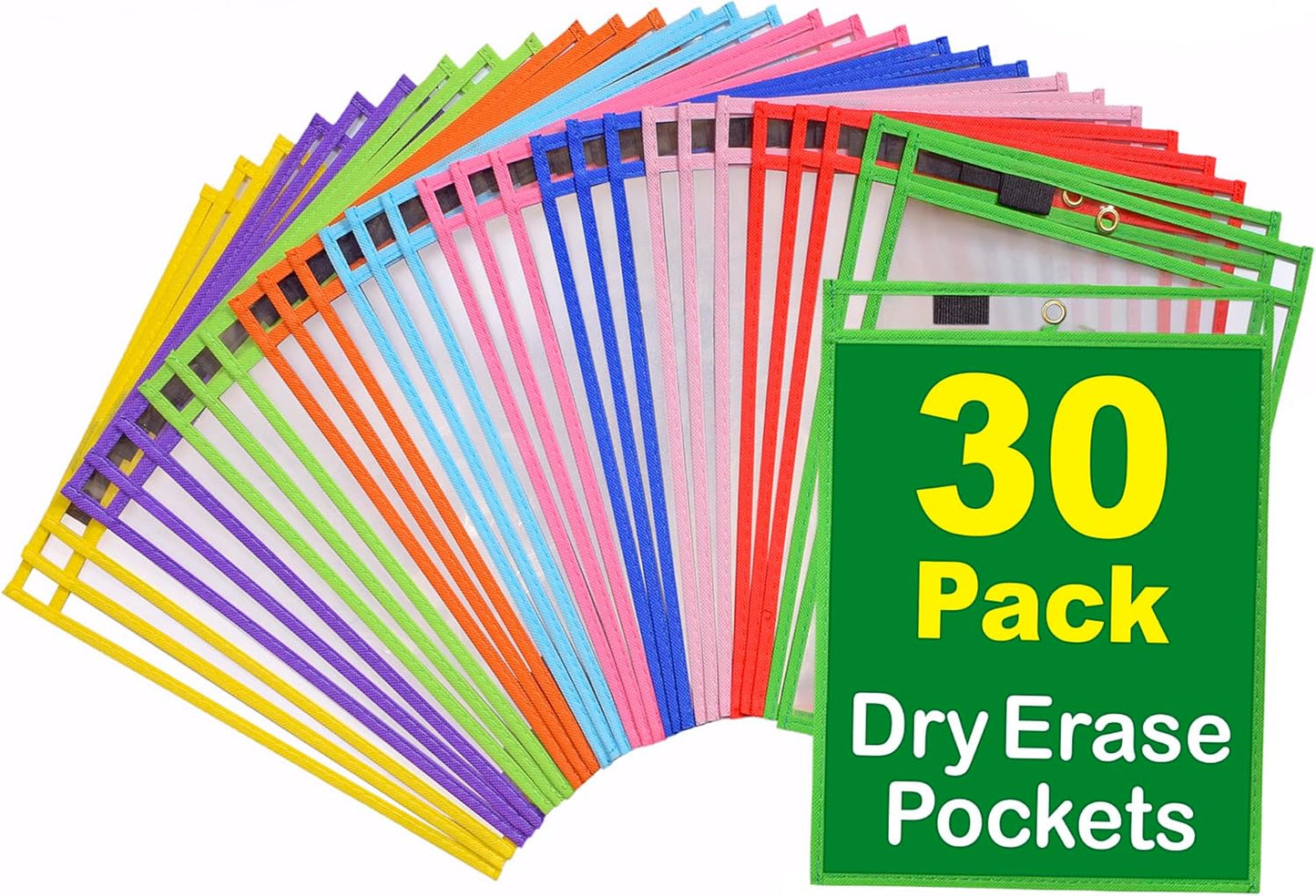 Dry Erase Pockets - 10 x 13 Reusable Dry Erase Pocket Sleeves for Work & School Worksheets - Heavy Duty Clear Pocket Sleeves - Quickly Wipe to a Flawless Clean (50 Pack Multicolor)