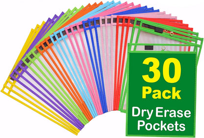 Dry Erase Pockets - 10 x 13 Reusable Dry Erase Pocket Sleeves for Work & School Worksheets - Heavy Duty Clear Pocket Sleeves - Quickly Wipe to a Flawless Clean (50 Pack Multicolor)