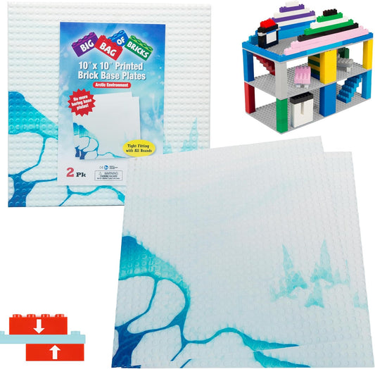 Arctic Terrain Baseplates for Building Bricks - Set of 2 Large 10"x10" Building Plates - Dual Connectivity, Build on Both Sides - Compatible, Tight Fit w Major Brands - STEM Toy & Kids Bday Gift