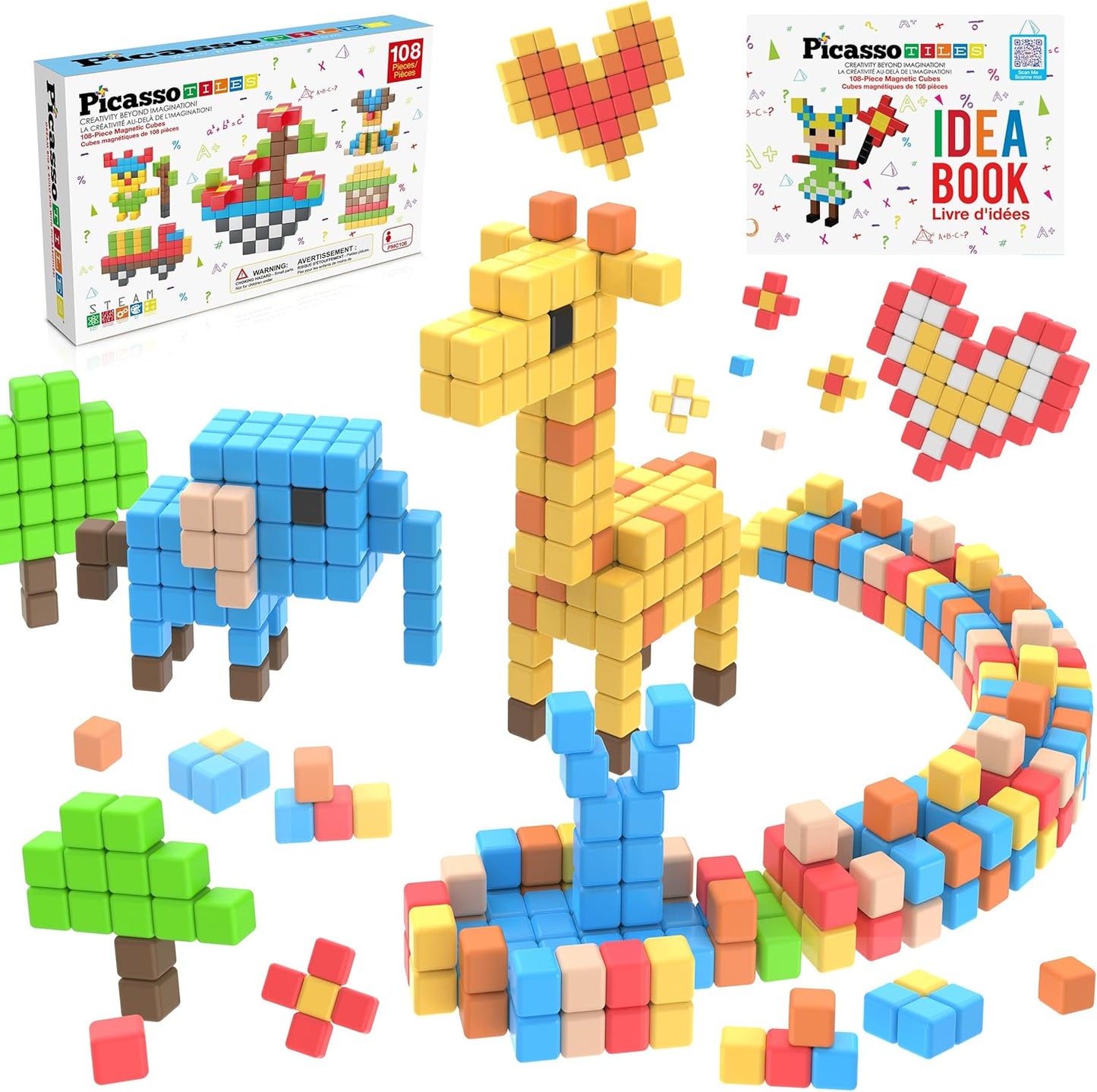 PicassoTiles 60pc Magnetic Puzzle Cube Building Set 1 Inch 3D Blocks STEM Construction Toy for Toddlers Kids Boys Girls Age 3+ Montessori Learning Travel Sensory Gift with Educational Idea Book PMC60