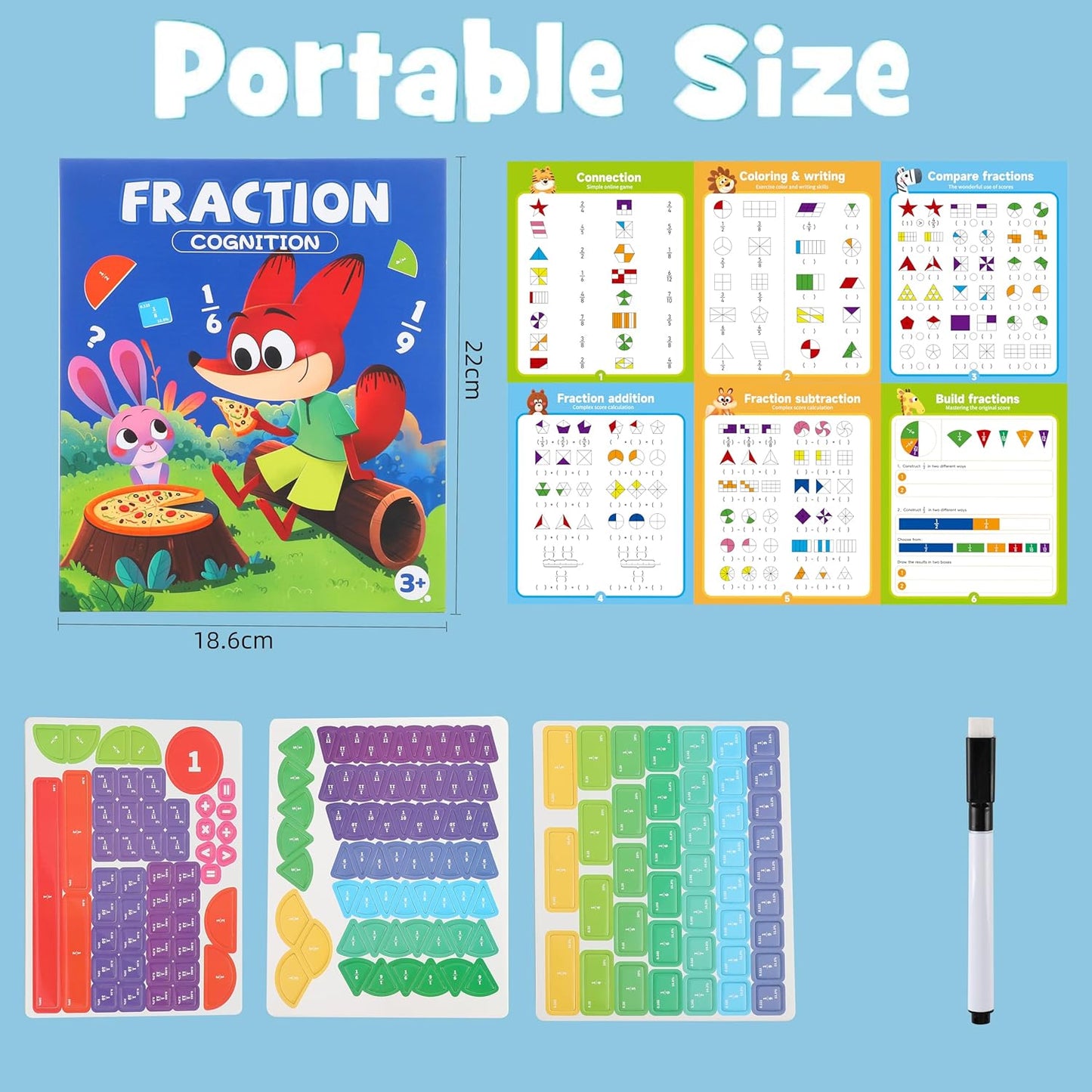 Magnetic Fraction Playbook, 103 PCS Magnetic Fraction Tiles Fraction Magnets for Elementary School Math Learning Toys for Kids Fraction manipulatives Magnetic Fraction Demonstration Book