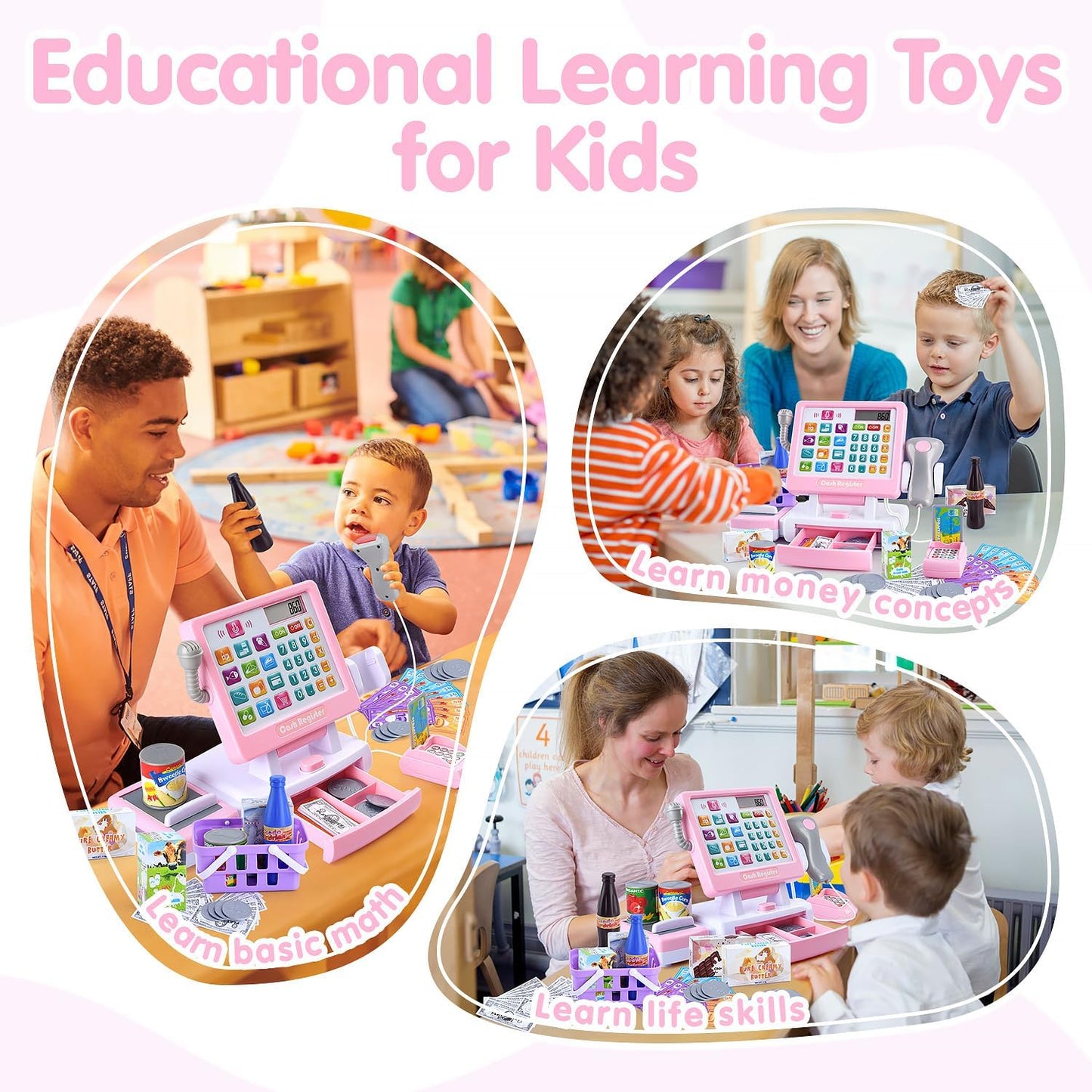 PLAY Kids Cash Register Toy - Pretend Play Calculator Register Toys with Microphone/Conveyors/Play Money/Scanner/Credit Card/Cans/Drink, 3+ Toddler Develops Early Math Skills Learning Toys