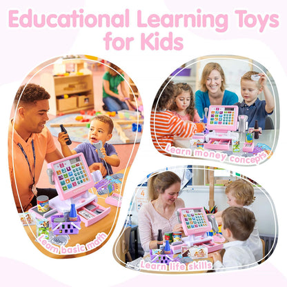 PLAY Kids Cash Register Toy - Pretend Play Calculator Register Toys with Microphone/Conveyors/Play Money/Scanner/Credit Card/Cans/Drink, 3+ Toddler Develops Early Math Skills Learning Toys