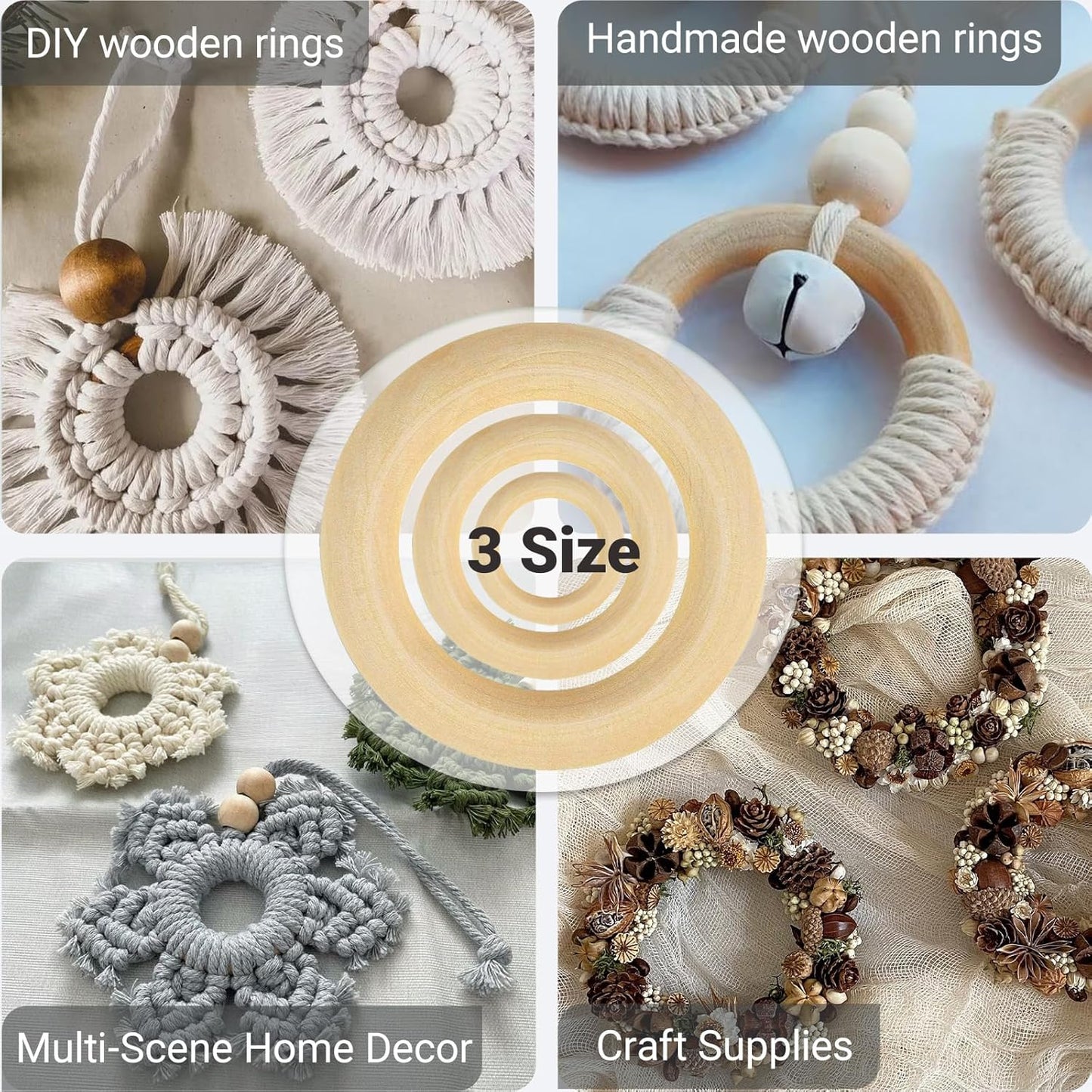 Wooden Rings for Crafts - 33pcs (3 Sizes: 3cm/5cm/7.5cm) - Unfinished Natural Wood Hoops for Macrame, DIY Jewelry, Wreath Making - Smooth & Splinter-Free for Kids & Adults