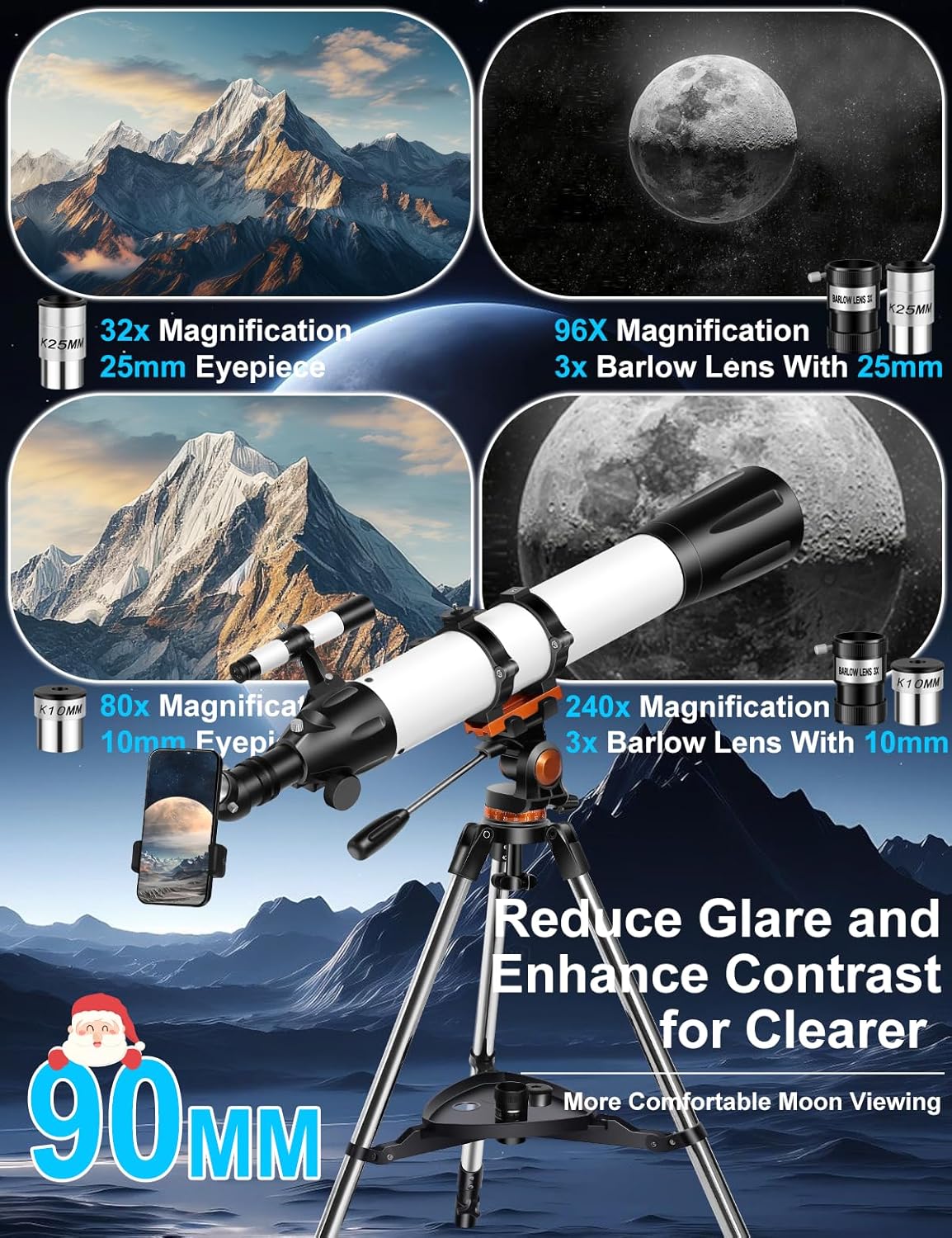 Telescope for Adults High Powered 90mm Aperture 800mm (32X-240X), Refractor Telescopes for Astronomy Beginners with AZ Mount Tripod, Phone Adapter, Carry Bag (80090white)