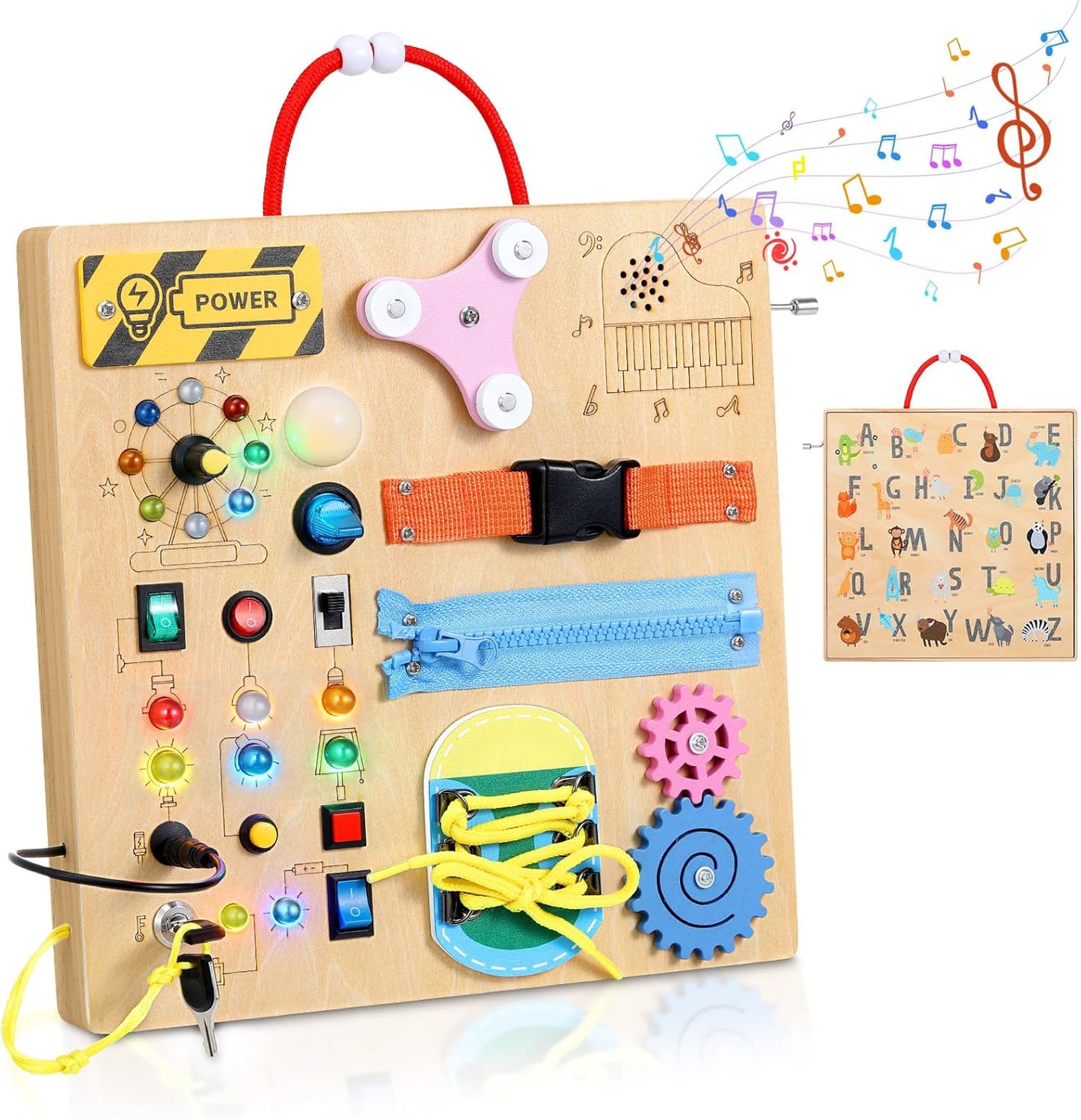 MoKo Montessori Busy Board Toys for 3+ Years Old Wooden Sensory Toys Board with LED Light Up Switch, Locks, Zippers, Music Boxes Learning Educational Fidget Toy for Toddlers Boys & Girls