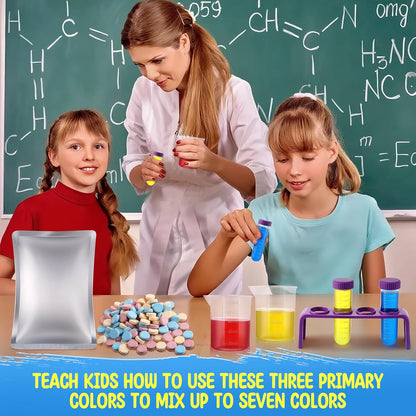 Colorful Science Experiment Kit for Kids, 120 Color Fizzers(Red, Yellow & Blue), Lab Science Test Tubes and Holder, Beakers, Droppers for STEM Activities Educational Gifts