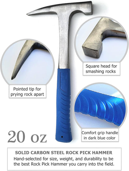 Rockhounding Tools - Geology Pick Hammer Kit With 32 Page Field Guide - Backpack for Chisel & Pick Set - Gifts for Kids & Adults - Gold Mining Equipment