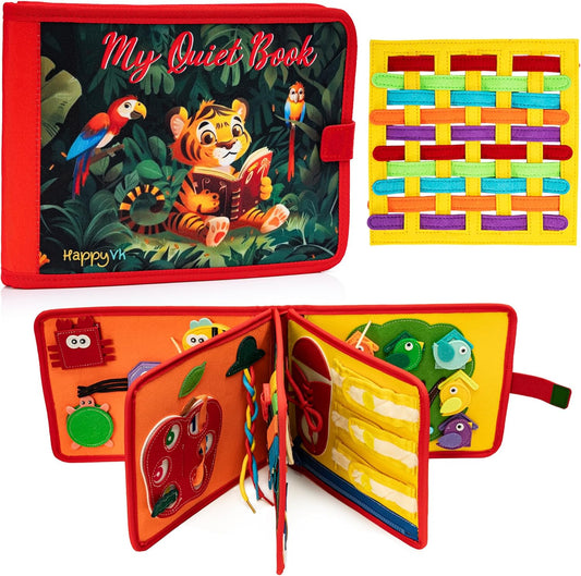 HappyVk Busy Book for Toddlers - Montessori Travel Toys with 13 Educational Activities - My Quiet Book - and A Felt Activity Board Game with 10 Weaving Strips