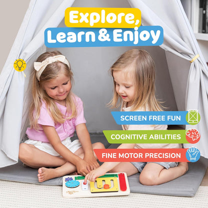 deMoca Toddler Busy Board for 1 Year Old, Travel Baby Wooden Montessori Busy Board for Toddlers 1–3, Switch and Fidget Activities for Early Motor Skills and Travel Play