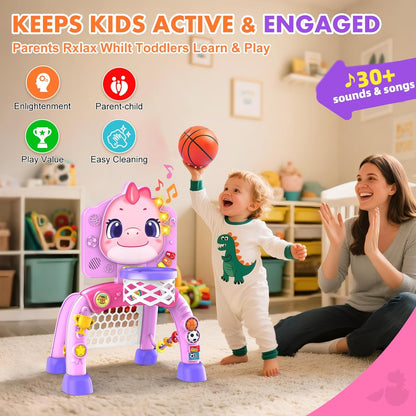 Dinosaur Kids Sports Play Toy: 4-in-1 Multifunction Indoor Outdoor Activity – Basketball Toss, Ring Throw, Ball Play & Music Lights to Improve Motor Skills, Birthday Gift for Boys Girls Age 1-3