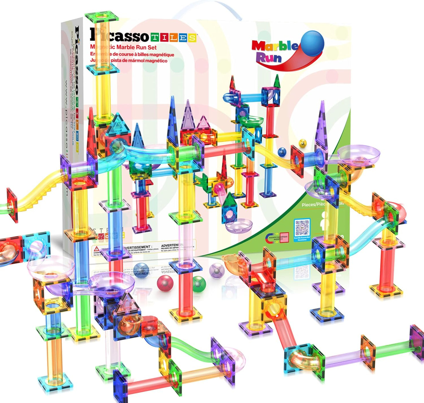 PicassoTiles 108pc Magnetic Marble Run Set with Building Tiles Race Track Car Slides Set STEM Learning Toy 3-in-1 Preschool Construction Kit for Indoor Activity and Development for Kids age 3+ PTG108