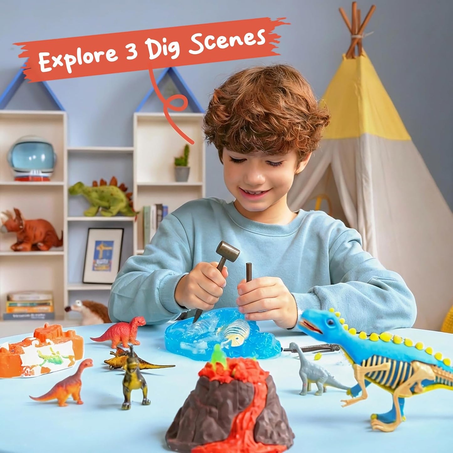 JOVA Klever Kits 3-in-1 Dinosaur Fossil Digging Kit STEM Learning Toys with Glow in The Dark Dinosaurs and Sensory Play Sand, DIY Your Own Dinosaur with 5 Color Clay, Gift for Kids Aged 6+