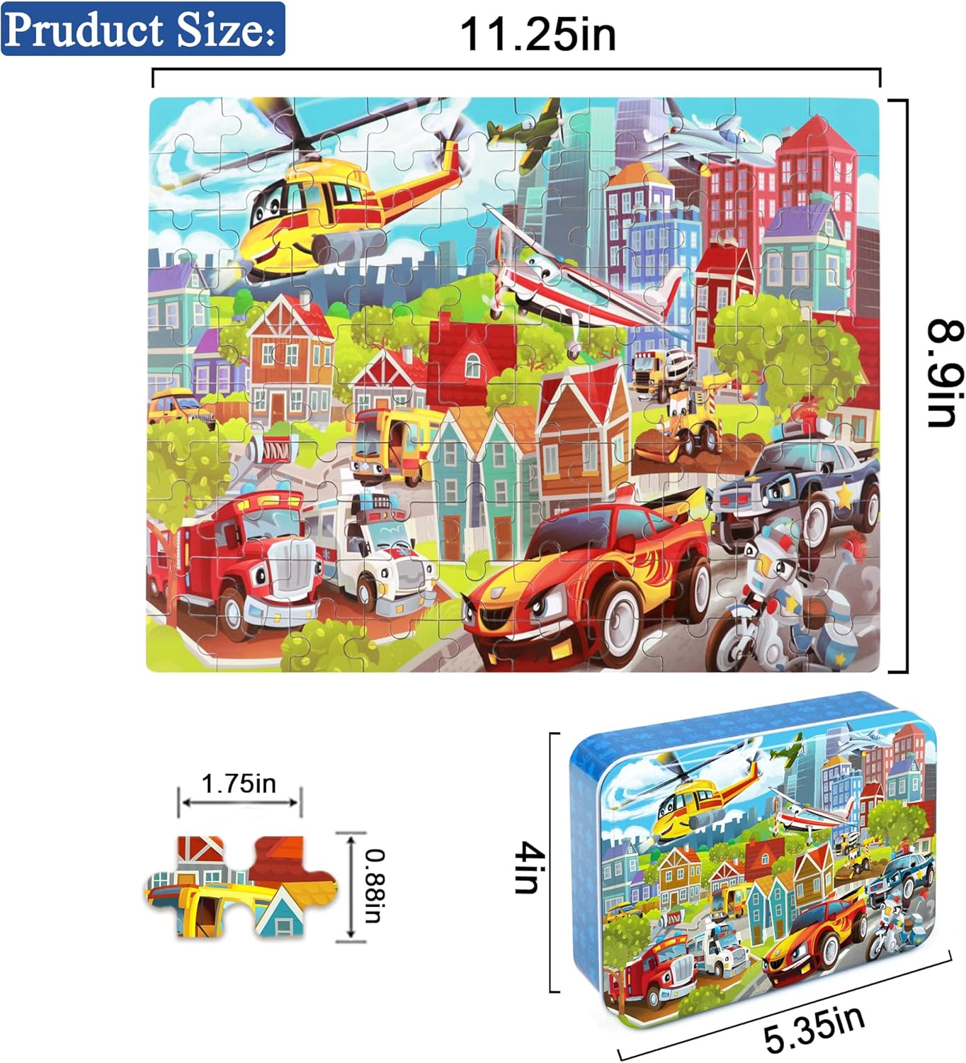 LELEMON 100 Pieces Jigsaw Puzzles in a Metal Box for Kids Age for 4-8 Boys Girls Toy Puzzles Construction Site Vehicles Children Learning Educational Puzzles Toys