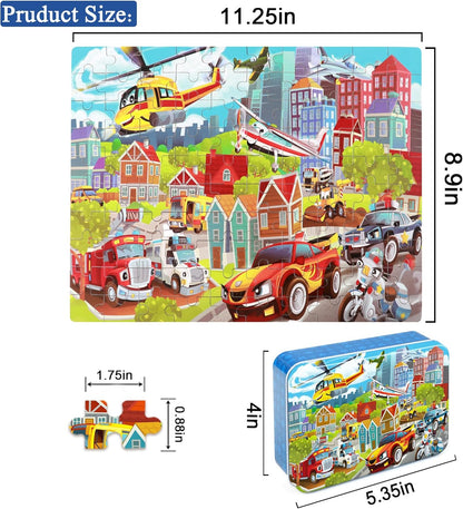 LELEMON 100 Pieces Jigsaw Puzzles in a Metal Box for Kids Age for 4-8 Boys Girls Toy Puzzles Construction Site Vehicles Children Learning Educational Puzzles Toys