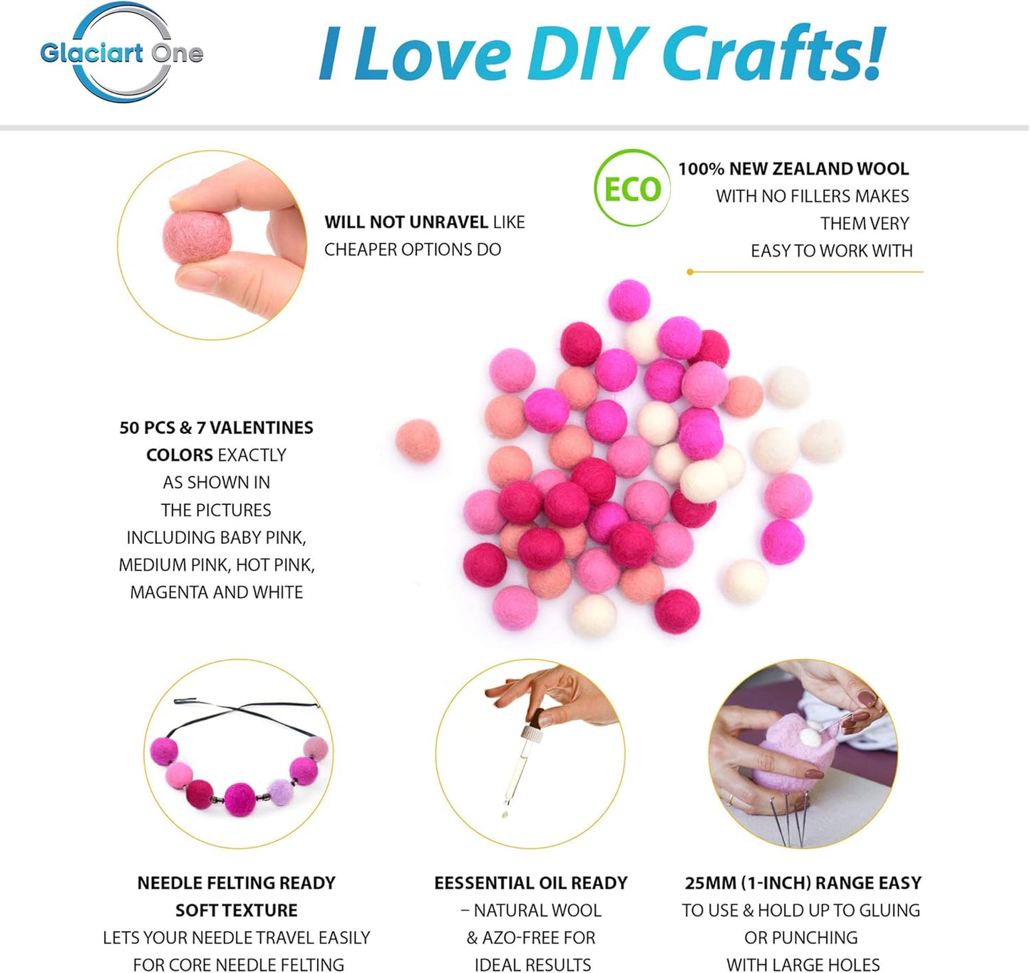 Glaciart One Wool Felt Balls (50 Pieces) 2.5 Centimeters - 1 Inch, Handmade Felted 5 Valentines Colors (Baby Pink, Medium Pink, Magenta and More) - Bulk Small Puff for Felting and Garland