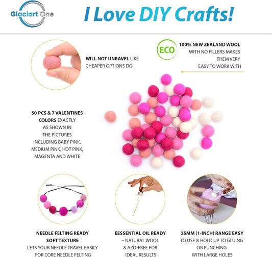 Glaciart One Wool Felt Balls (50 Pieces) 2.5 Centimeters - 1 Inch, Handmade Felted 5 Valentines Colors (Baby Pink, Medium Pink, Magenta and More) - Bulk Small Puff for Felting and Garland