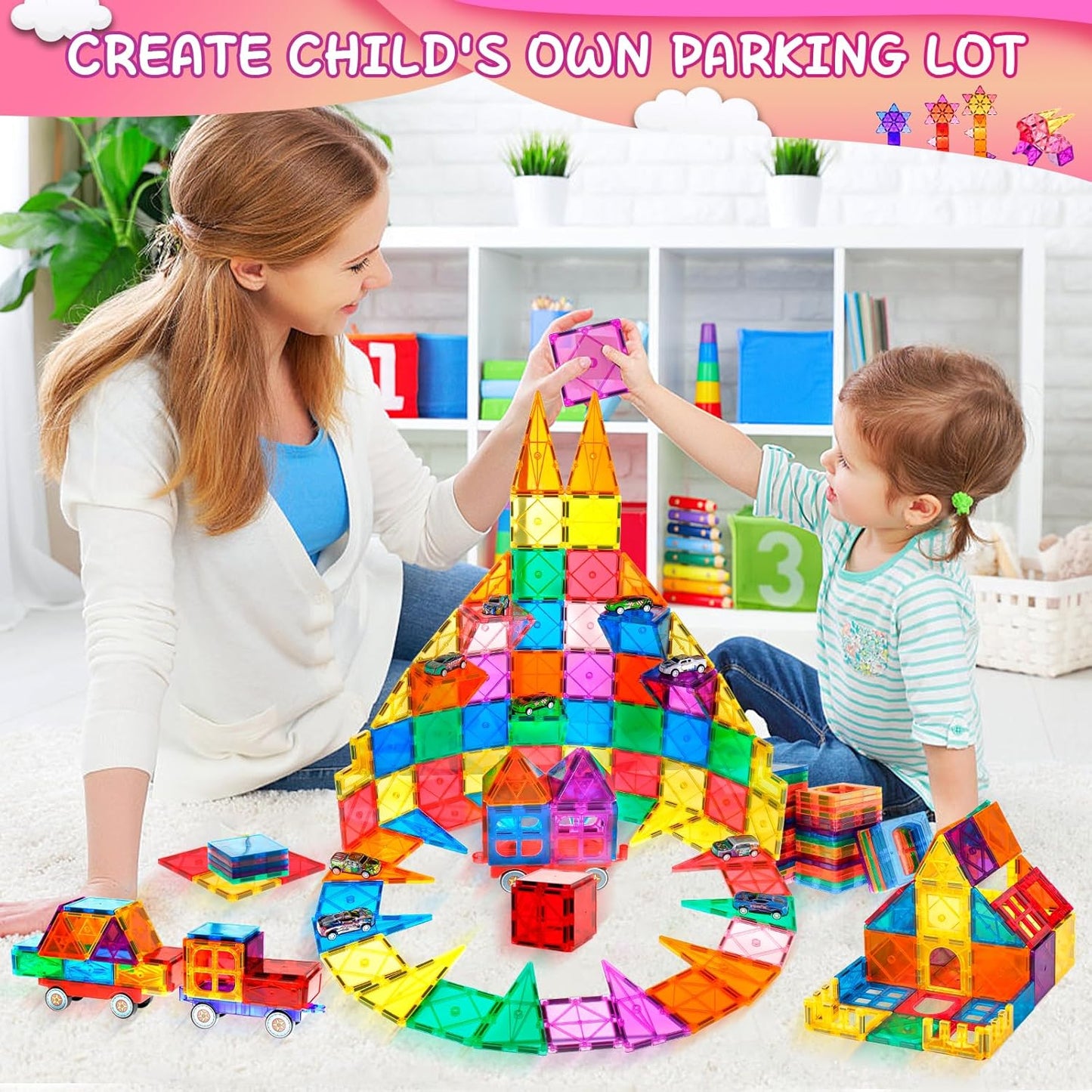 Magnetic Tiles Road Set with 2 Cranes & Double-Sided Magnet Tiles,Boys Toys for Ages 3-5 5-7 8-12,STEM Magnetic Building Construction Toys Include Car,Stations,Dolls,Roads,Signs,Gifts for 3+ Kids