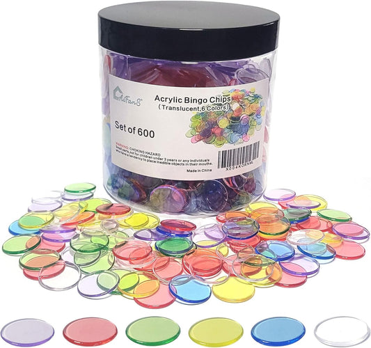 600 Pieces 3/4 Inch Bingbo Chips – Translucent Counting Chips with Portable Jar, 6 Vibrant Colors for Educational Games, Sorting & Counting Activities