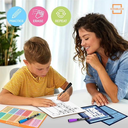 Dry Erase Multiplication & Division Board 9"x12" Double Sided Practice Whiteboard with 2x1 & 2x2 Digit Multiplication for Home, School, Classroom, Kids, Students Math Manipulatives Lapboard