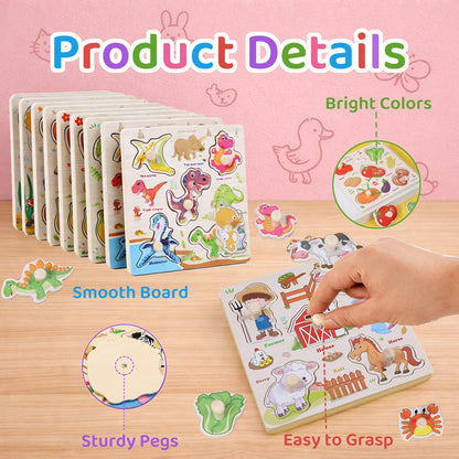 Wooden Puzzles for Toddlers 1-3, 8 Pack Peg Puzzles for Kids with Animals, Dinosaurs, Fruits, Vegetables, Educational Preschool Learning Toys, Birthday Gifts for Boys, Girls