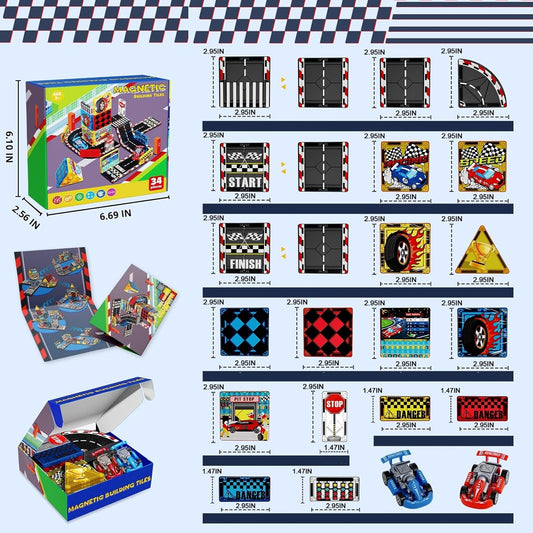 Magnetic Tiles Road Set, Rail Race Track with 2 Racer Cars, Magnetic Car Racing for Kids Ages 3 4 5 6 7 8, Magnet Building Blocks STEM Toy Birthday Gifts for 3＋ Years Old Boys Girls