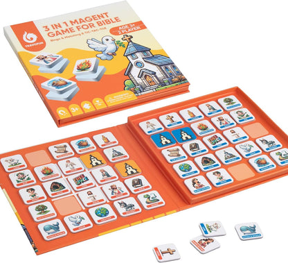 TRAVOFUN Bible Memory Matching Game for Kids - 3-in-1 Magnetic Travel Toy Set with 50 EVA Pieces, Tic-Tac-Toe & Storytime Bingo, Christian Educational Sunday School Games & Church Activities Gift